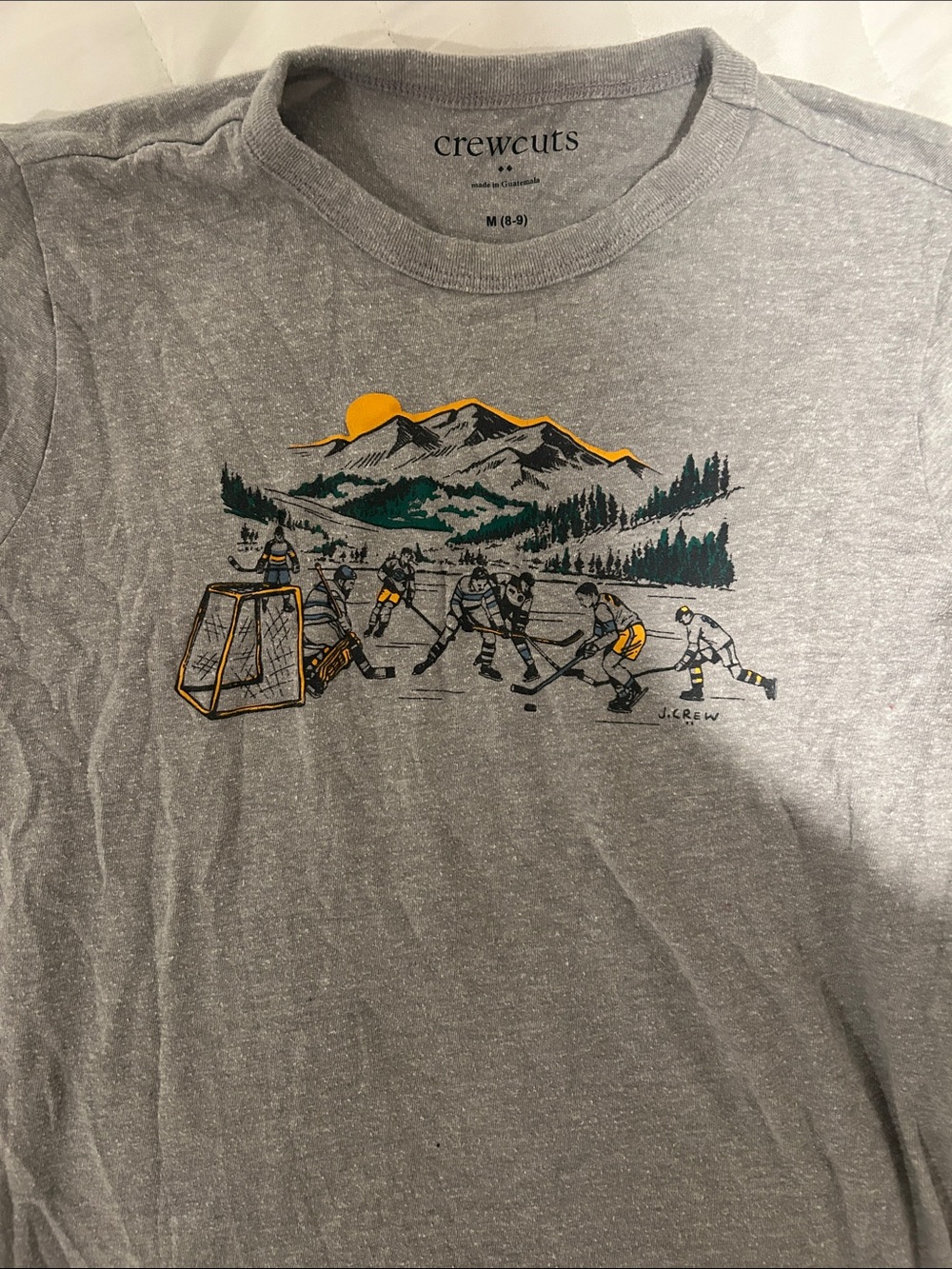 crewcuts gray hockey graphic tee with yellow and green accents